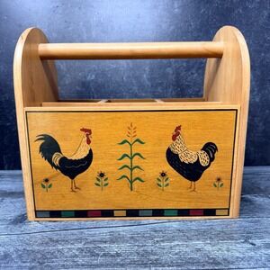M. Kamenstein Wooden Caddy Rooster Folk Art Wood Brown 1990s Kitchen Organizer